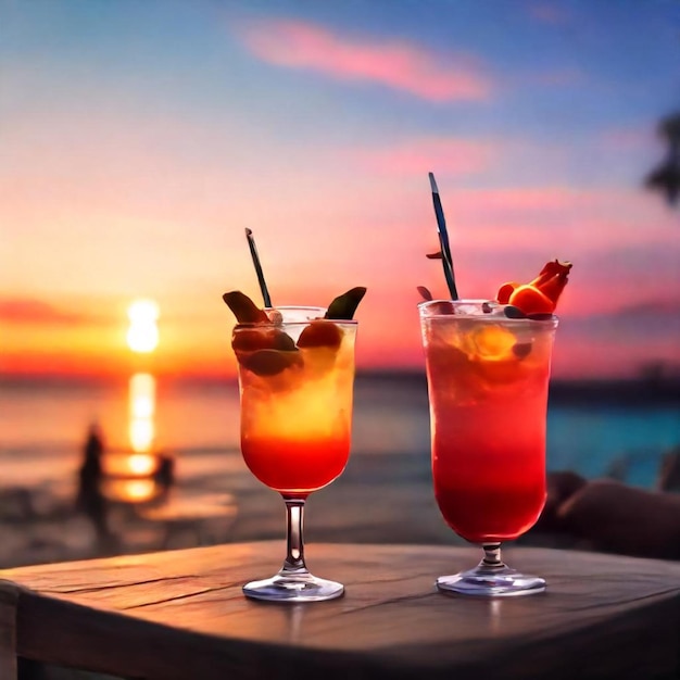 two glasses of cocktails with fruit and strawberries on a table