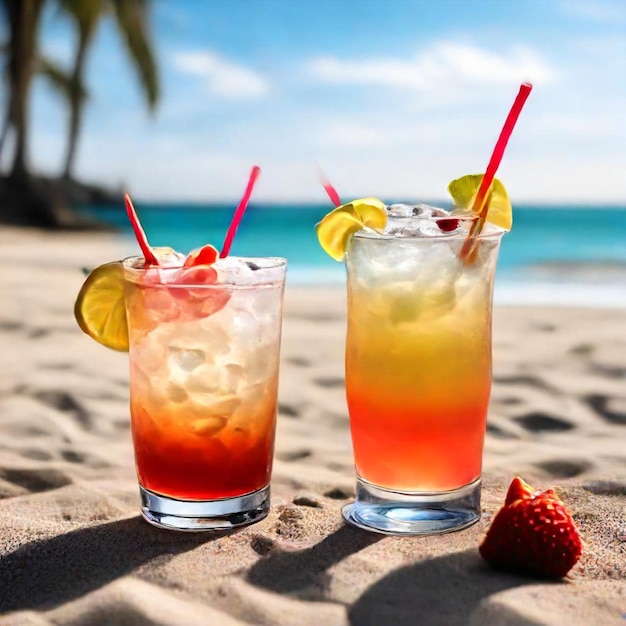 two glasses of cocktails with a strawberry and a strawberry on the side