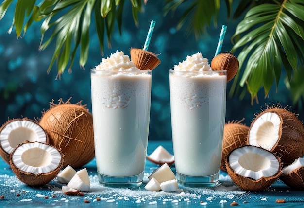 Photo two glasses of coconut milk are next to a couple of coconuts