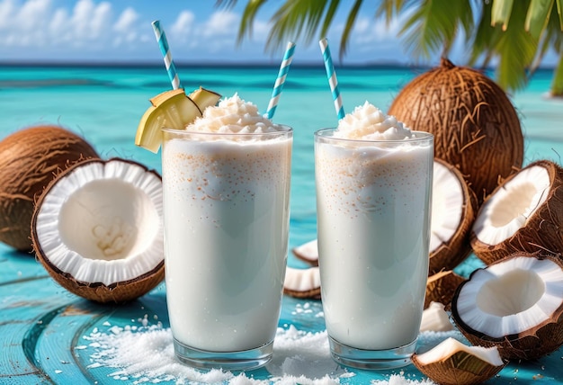 two glasses of coconut milk and coconuts are on the beach