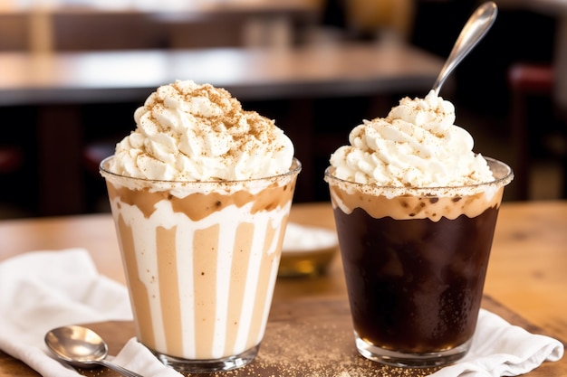 Two glasses of coffee with a coffee drink on a table