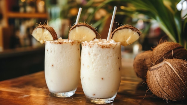 Photo two glasses of creamy coconut drinks