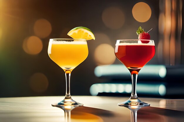 Photo two glasses of fruit and a strawberry drink with a strawberries on the top