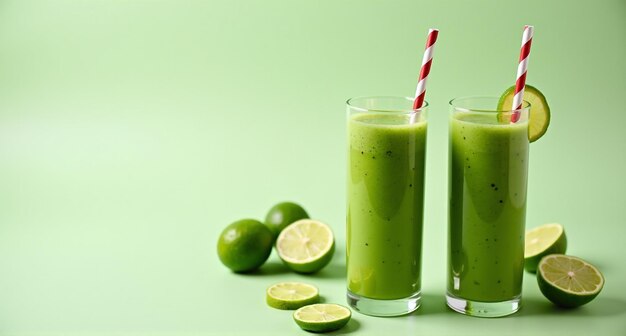 two glasses of green liquid next to two limes with a straw