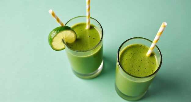 two glasses of green liquid with straws and two straws with straws in them