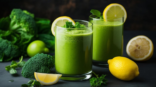 Two glasses of green smoothie next to broccoli