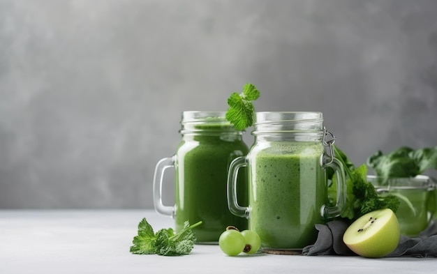 Two glasses of green smoothies with a green smoothie on the table