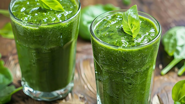 Two glasses of green smoothies with leaves