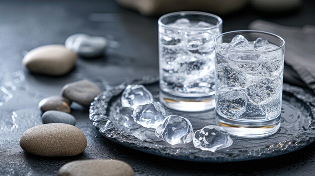 Two glasses of ice water on a tray accompanied by ice rocks a refreshing scene