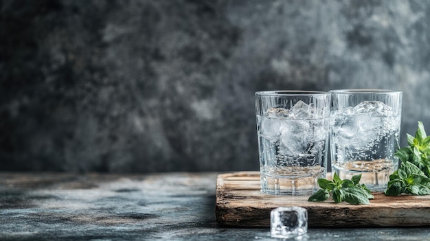 Photo two glasses of ice water on wooden board with sprigs mint against dark background