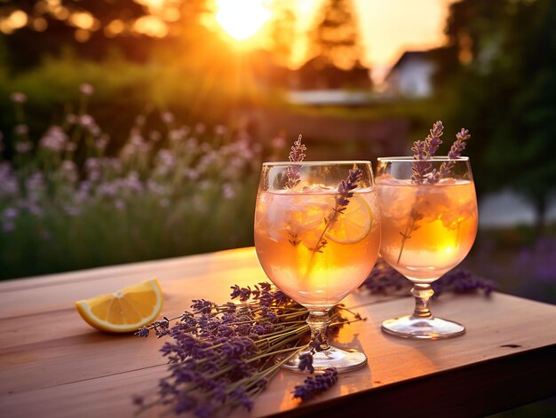 Two glasses of lemonade and lavender flowers on sunset background