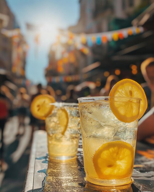 two glasses of lemonade and two lemonade with a banner on the top