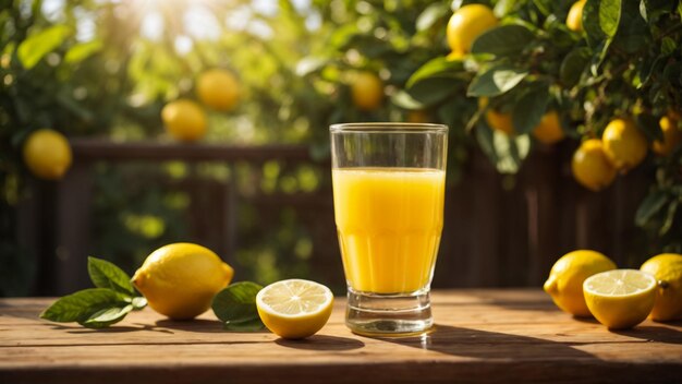 Two glasses of lemonade with lemons on wooden table