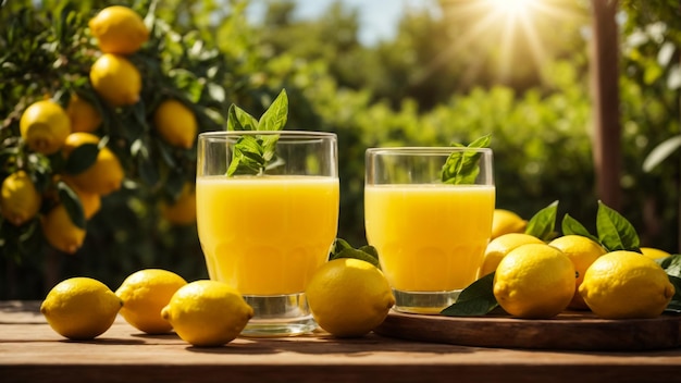 Two glasses of lemonade with lemons on wooden table