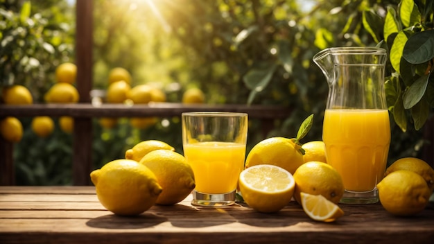 Two glasses of lemonade with lemons on wooden table