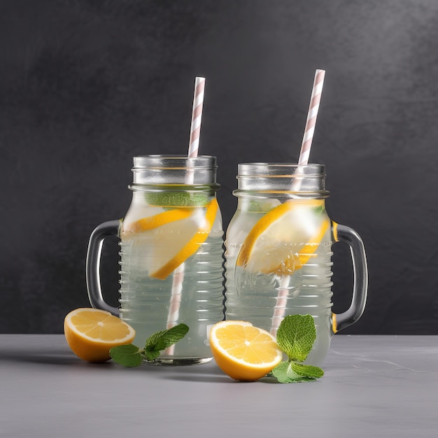 Two glasses of lemonade with a straw and a red and white striped straw.