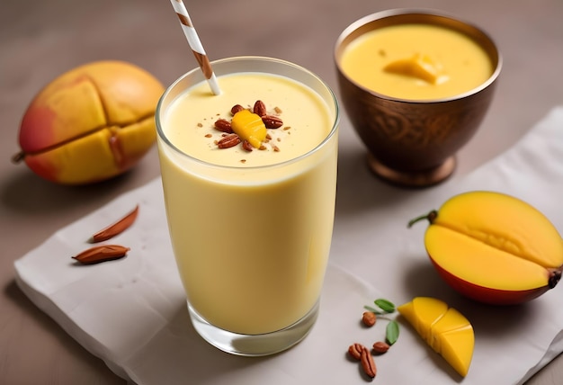 two glasses of Mango Shake with mango fruit