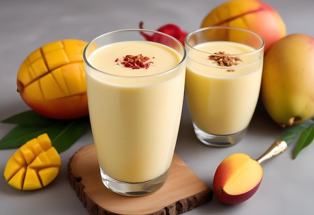 two glasses of Mango Shake with mango fruit