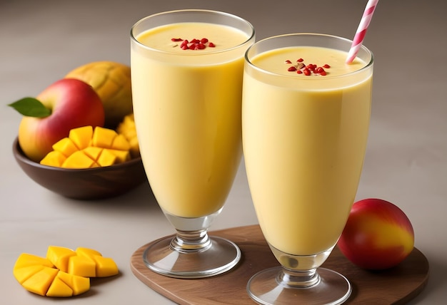 two glasses of Mango Shake with mango fruit