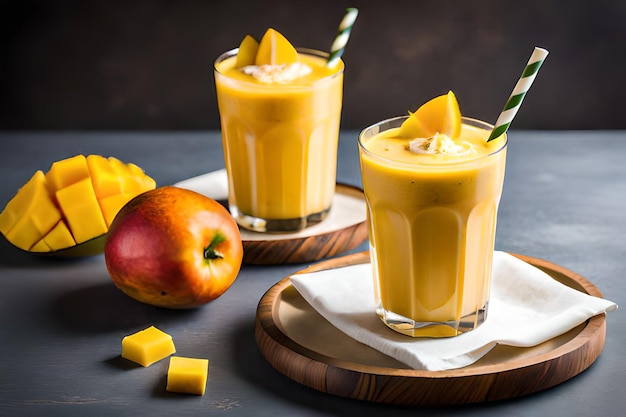 Two glasses of mango smoothie with a straw and a slice of mango on the side.