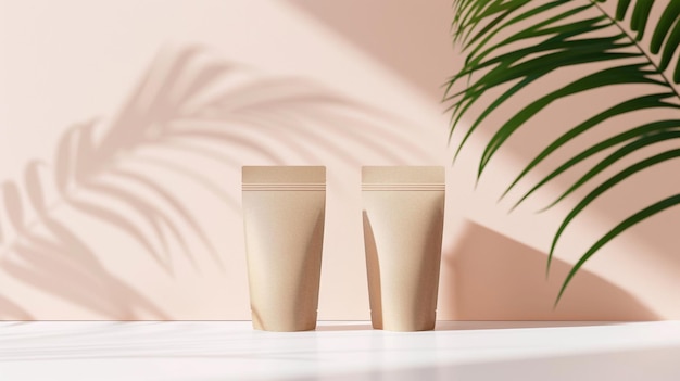 two glasses of milk are on a table with palm fronds