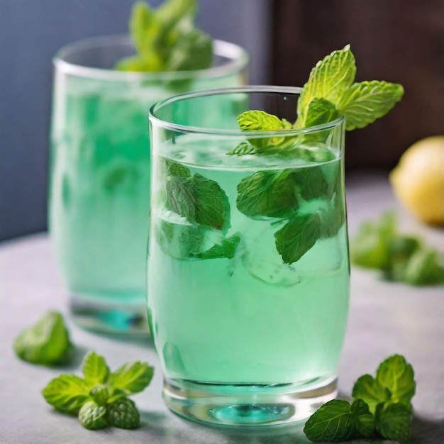 Photo two glasses of mint mint drink with mint leaves on them