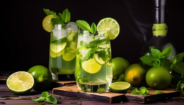 Two glasses of mojito with limes on a dark background