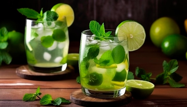 Two glasses of mojito with limes and a lime on the side.