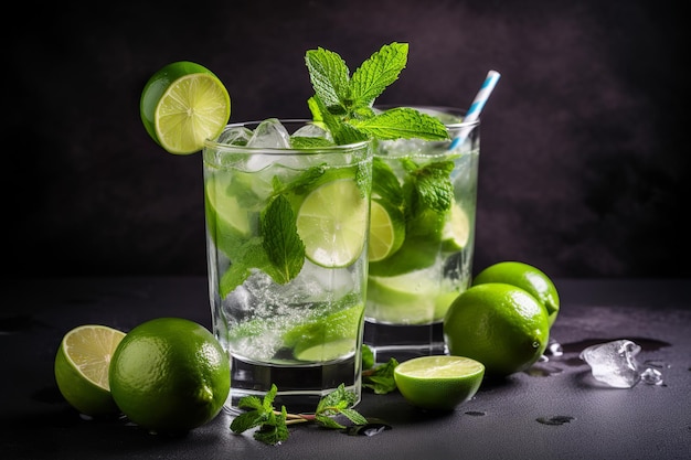 Two glasses of mojito with limes and mint on a dark background