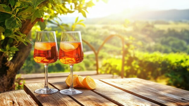 Photo two glasses of orange drinks on a wooden table with a blurred background