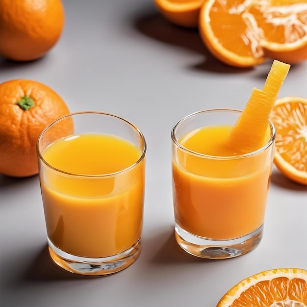 two glasses of orange juice are next to two oranges