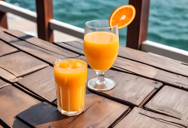 two glasses of orange juice sit on a table next to each other