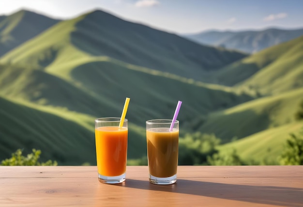 two glasses of orange juice sit on a table with a green mountain in the background