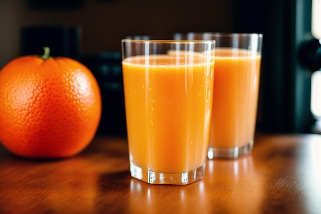 Two glasses of orange juice on a table with a black background