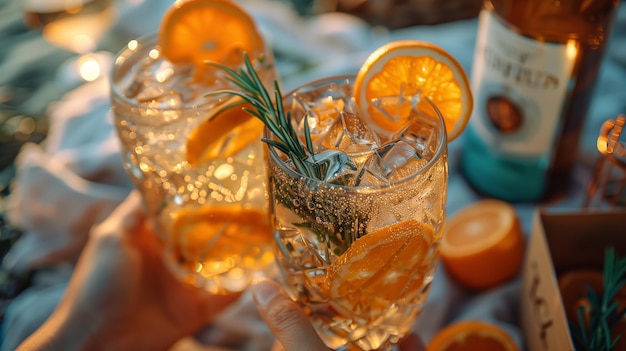 Two glasses of orange and rosemary cocktails on a table