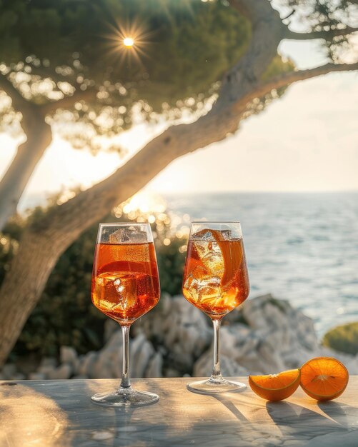 Photo two glasses of orange spritz cocktail on table with sea and trees view