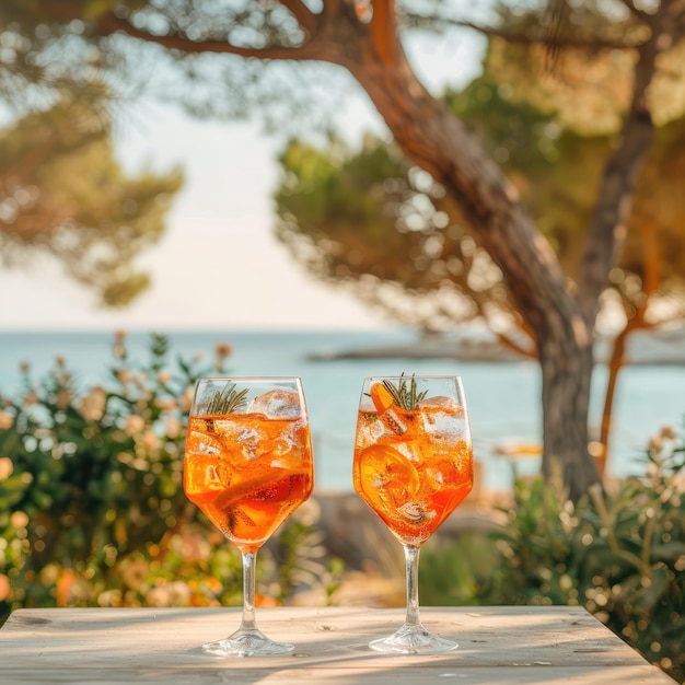 Photo two glasses of orange spritz cocktail on table with sea and trees view