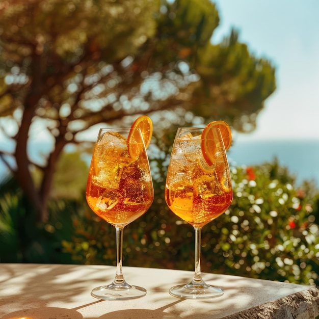 Photo two glasses of orange spritz cocktail on table with sea and trees view