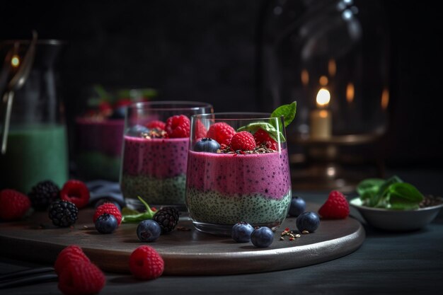 Two glasses of a raspberry chia pudding with blueberries on a wooden tray.