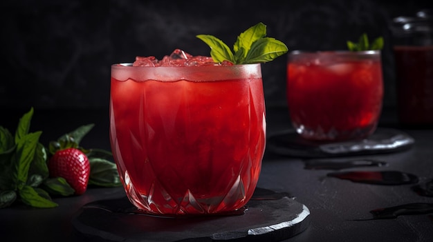 Two glasses of red cocktail with ice and a mint leaf on the rim