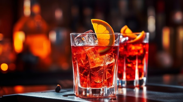 Two glasses of red truffle cocktails on a bar with oranges and a bottle of alcohol in the background