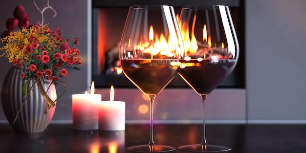 Two glasses of red wine near the fireplace with many candles. Cozy romantic evening for couple