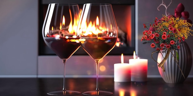 Two glasses of red wine near the fireplace with many candles. Cozy romantic evening for couple