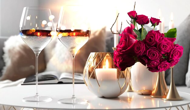 Two glasses of red wine near the fireplace with many candles. Cozy romantic evening for couple