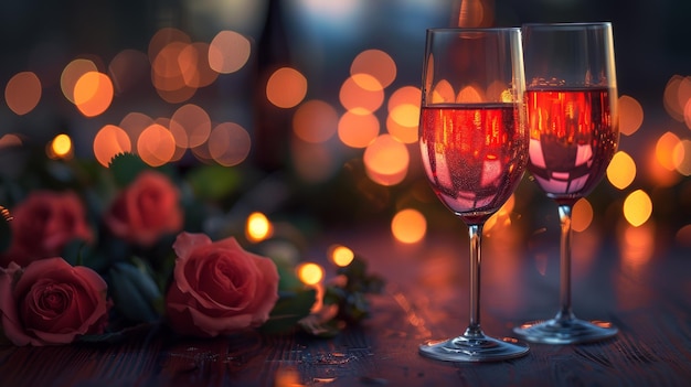 Two Glasses of Red Wine and Red Roses on a Table With String Lights at Night