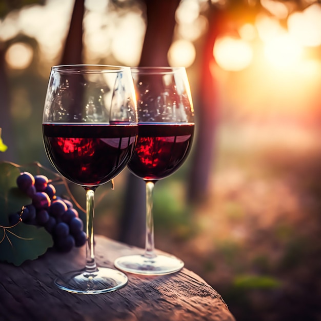 Two glasses of red wine in the sunny countryside wine tasting winery and wine making viticulture Generative Ai