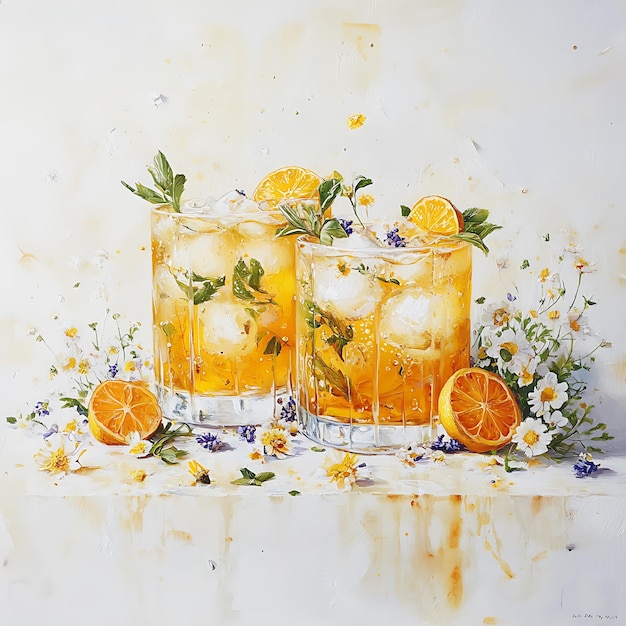 Two glasses of refreshing iced tea with orange slices and chamomile flowers on a white background