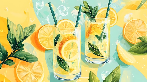 Photo two glasses of refreshing lemonade with lemon slices and mint leaves