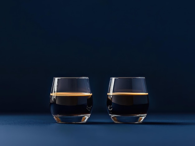 Photo two glasses of rich dark espresso on a sleek minimalist surface