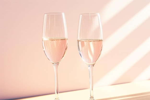 Two glasses of sparkling wine in natural sunlight with shadows